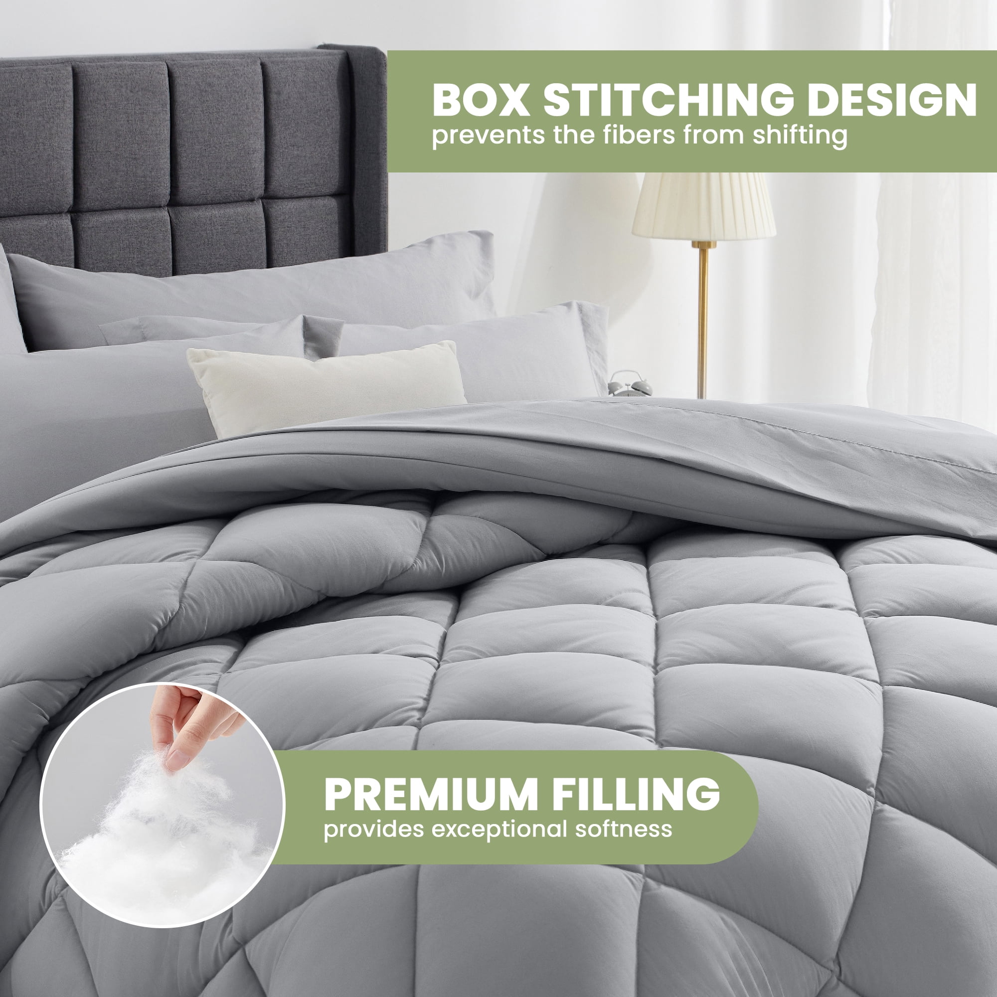 WISHEAD King Bed in a Bag Comforter Set with 7 Pieces - Light Gray All Season Bedding Sets with Comforter, Pillow Shams, Flat Sheet, Fitted Sheet and Pillowcases