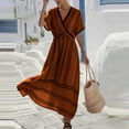 thumbnail image 2 of Long Sleeve Dresses for Women Sawvnm Women V Neck Short Sleeve Wrap Front Flared Striped Maxi Dress Brown S, 2 of 8