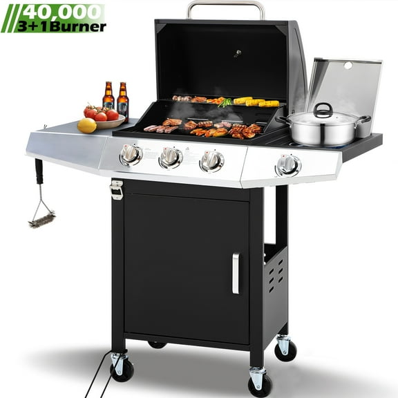 Gas Grill with Side Burner, Powerful 40,000BTU 3 Burner Propane Grill w/Brush, Stainless Steel Outdoor BBQ Grill Portable for Backyard Patio, Anti-Tilt Design, Universal Wheels, Warming Rack