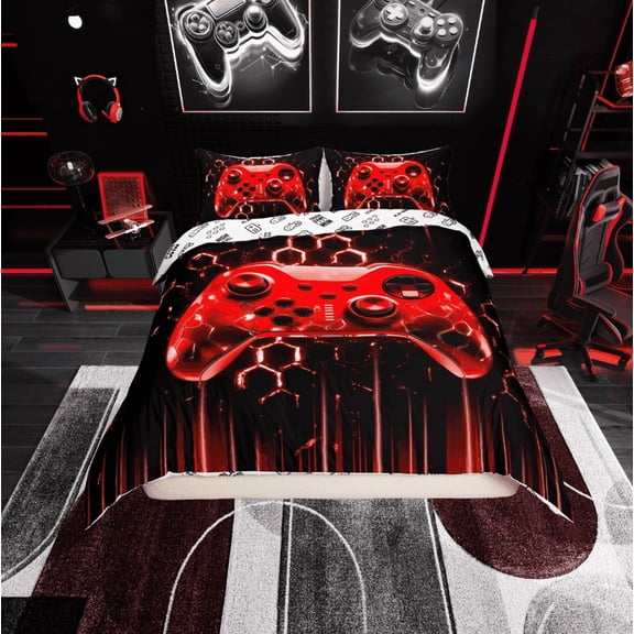 Erosebridal Neon Red Gamepad Comforter Cover Twin, Gradient Lines Bedding Twin Size, Gamer Room Decorative, Reversible 2 Pieces (No Comforter)