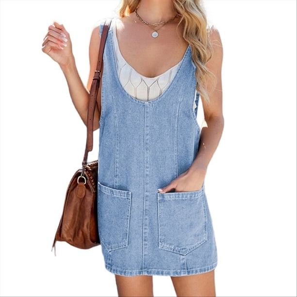 Vestido Vaquero Informal Sin Mangas para Mujer, Cuello Redondo, Estilo Vintage, Holgado, con Bolsillos, Azul , Talla L