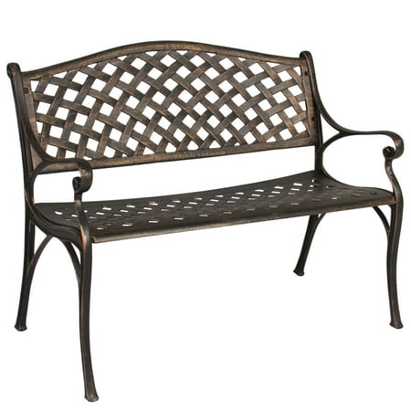 Cast Aluminium Garden Furniture Best Choice Products Outdoor Aluminum Patio Bench Accent Furniture Decor with Antique Brushed Copper Finish, Lattice Detail, Bronze ()