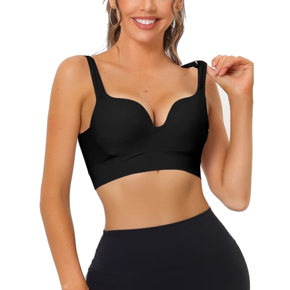 INSPIRE CHIC Women's Sports Bra Medium Impact Workout Wireless Padded Deep V Neck Fitness Bras S Black