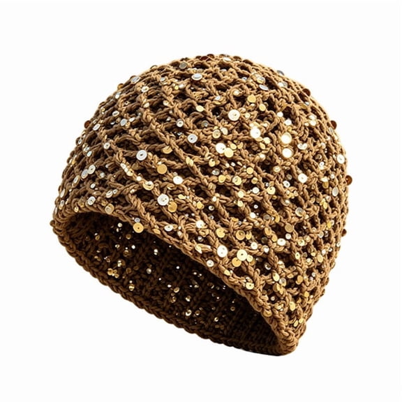 Women's Open Knit Beanie Hat Sequin Lightweight Skull Cap