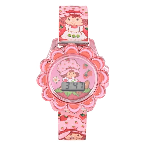 Strawberry Shortcake Grils Pink Strawberry Printed Silicone Strap Watch with Pink Scalloped Bezel; STR4013WM