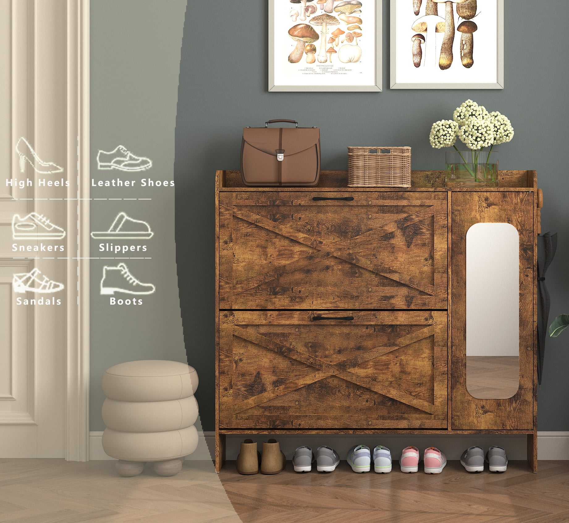 Mintazer Farmhouse Shoe Cabinet with Mirror & 2 Flip Drawers, 2-Tier Freestanding Shoe Organizer with Storage & Adjustable Dividers for Entryway, Brown