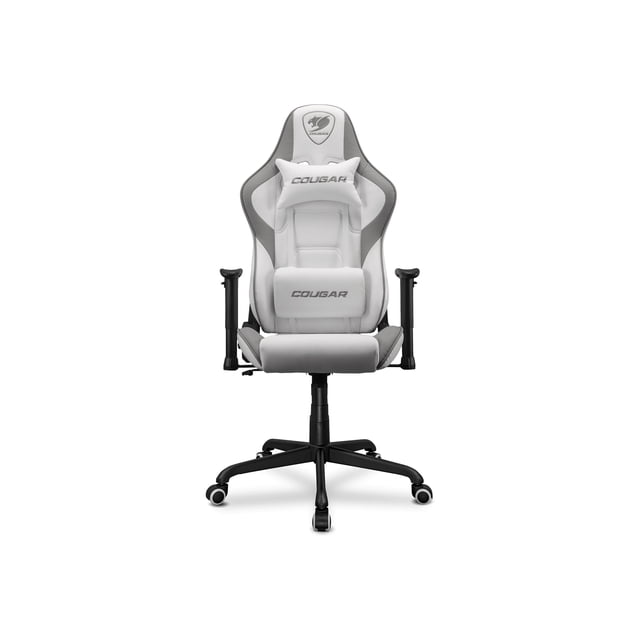 Cougar Armor Elite white premium PVC leather gaming chair featuring reclining backrest up to 160º, 2D adjustable armrests, adjustable tilt mechanism, head and lumbar support pillows.