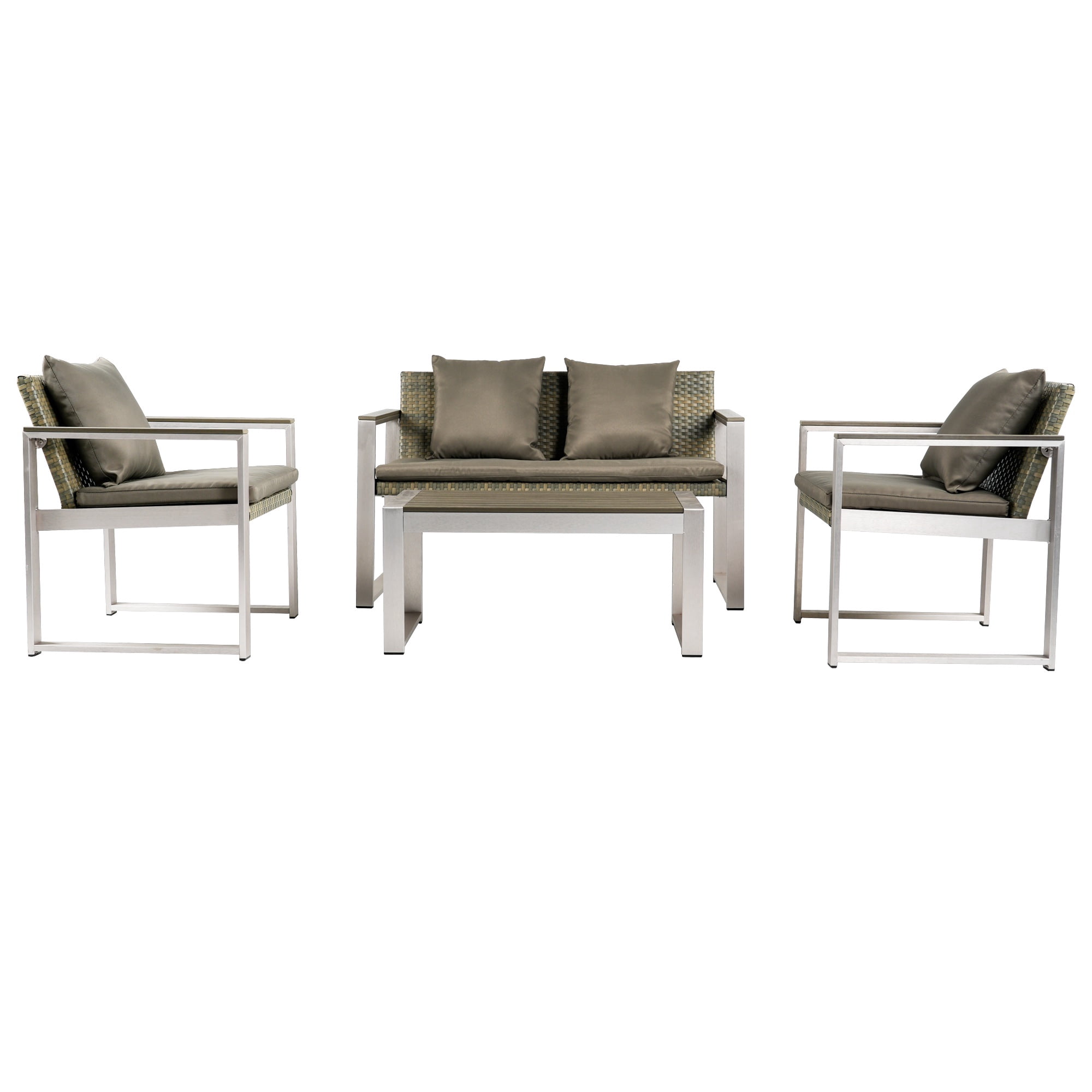 PORKISS Outdoor Patio Furniture Set, Aluminum and Rattan 4 Piece Sofa Seating Group with Cushion and Table, Modern Conversation Set for Garden, Pool, Gray/Silver