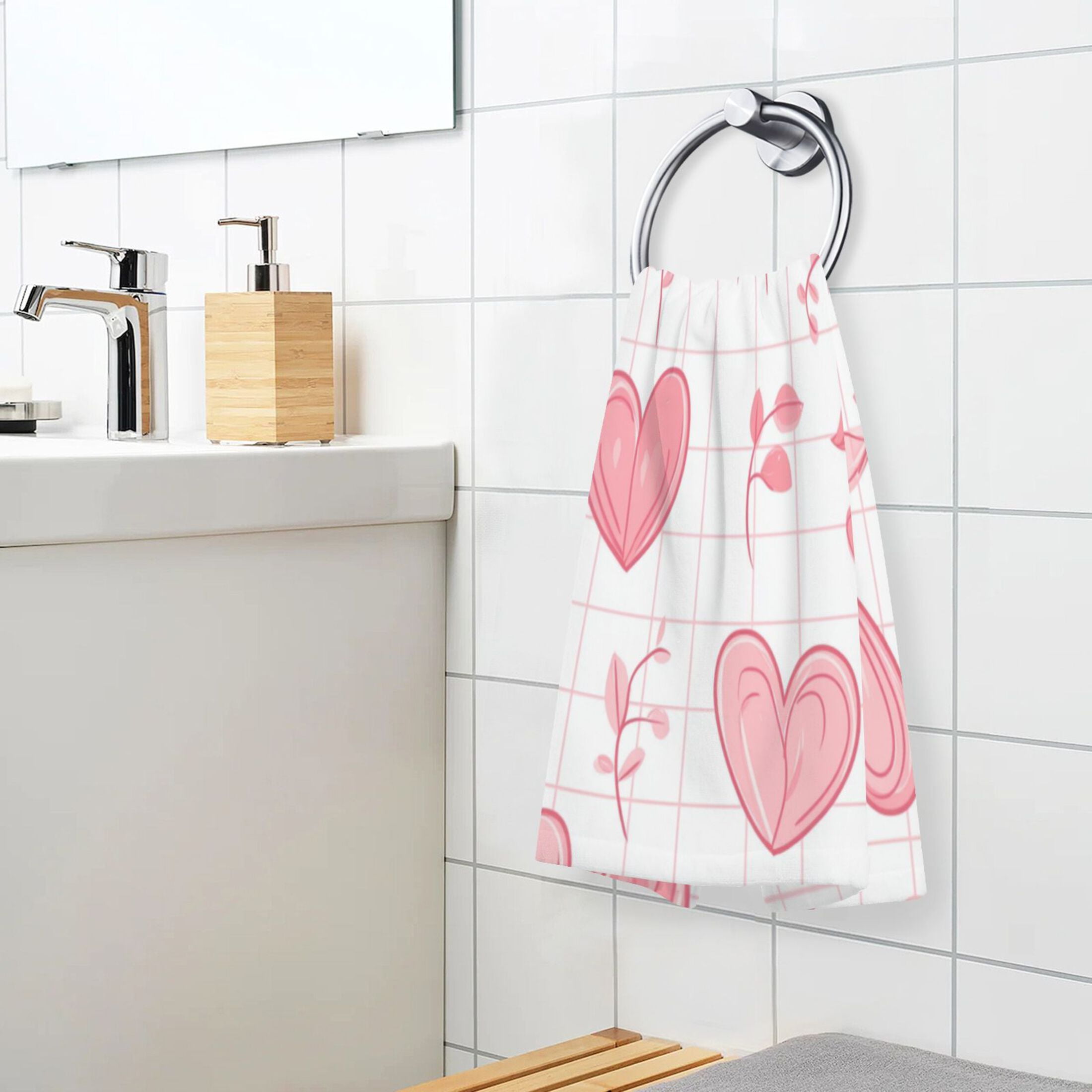 2 Pcs Absorbent Face Towel Bath Hand Towels Soft Breathable Cotton Towel Set for Bathroom Kitchen Hotel Spa Decor Pink Heart