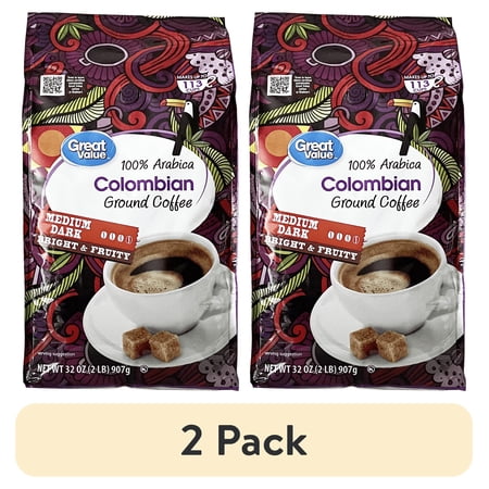 (2 pack) Great Value 100% Arabica Colombian Medium-Dark Roast Ground Coffee, 32 oz, Bag