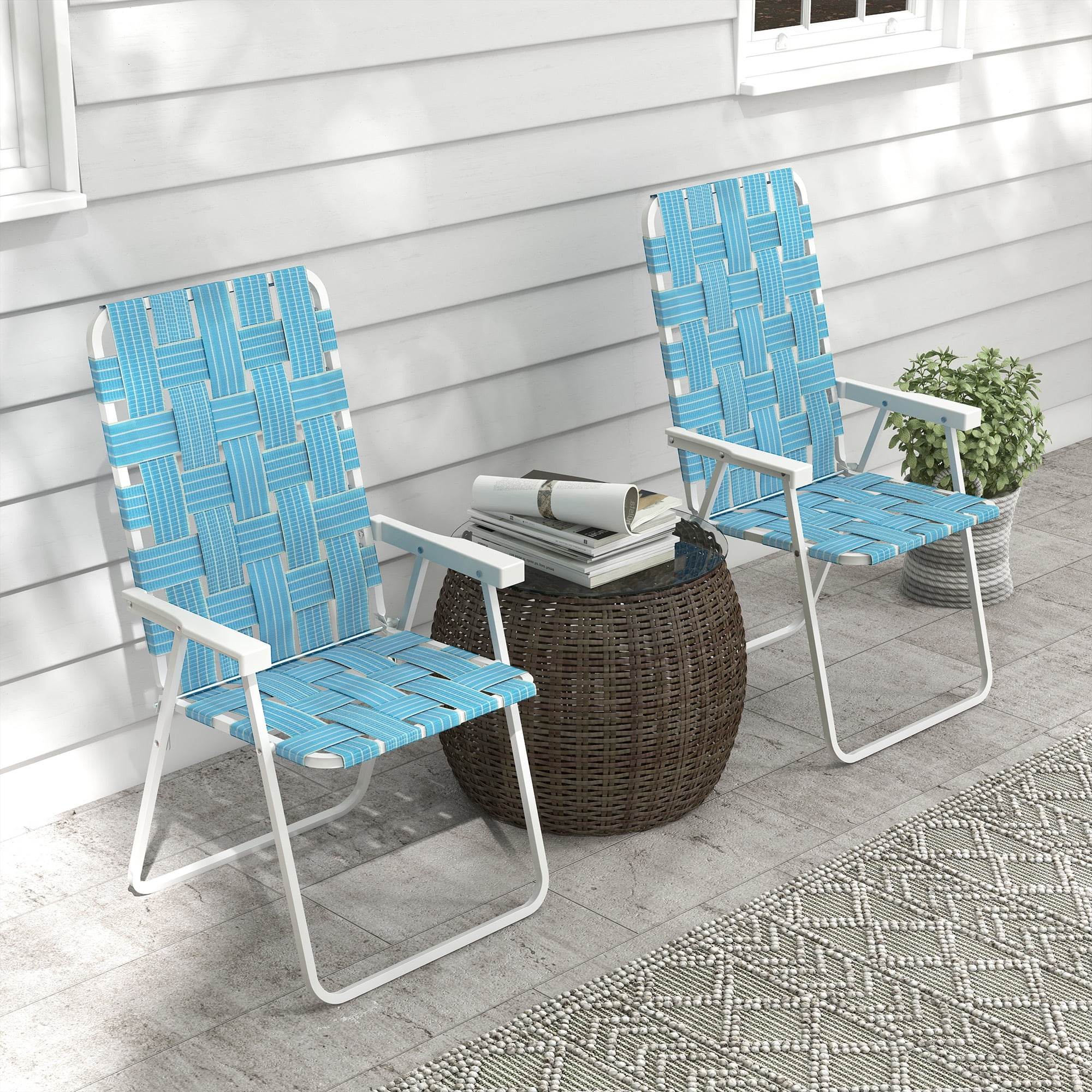 Set of 2 Patio Folding Chairs, Classic Outdoor Camping Chairs, Portable Lawn Chairs for Camping, Garden, Pool, Beach, Backyard w/ Armrests, Blue