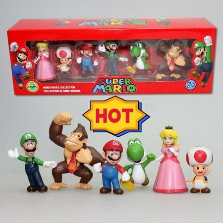6pc Super Mario Bros Peach Toad Mario Luigi Yoshi Donkey Kong Action Figure Toys