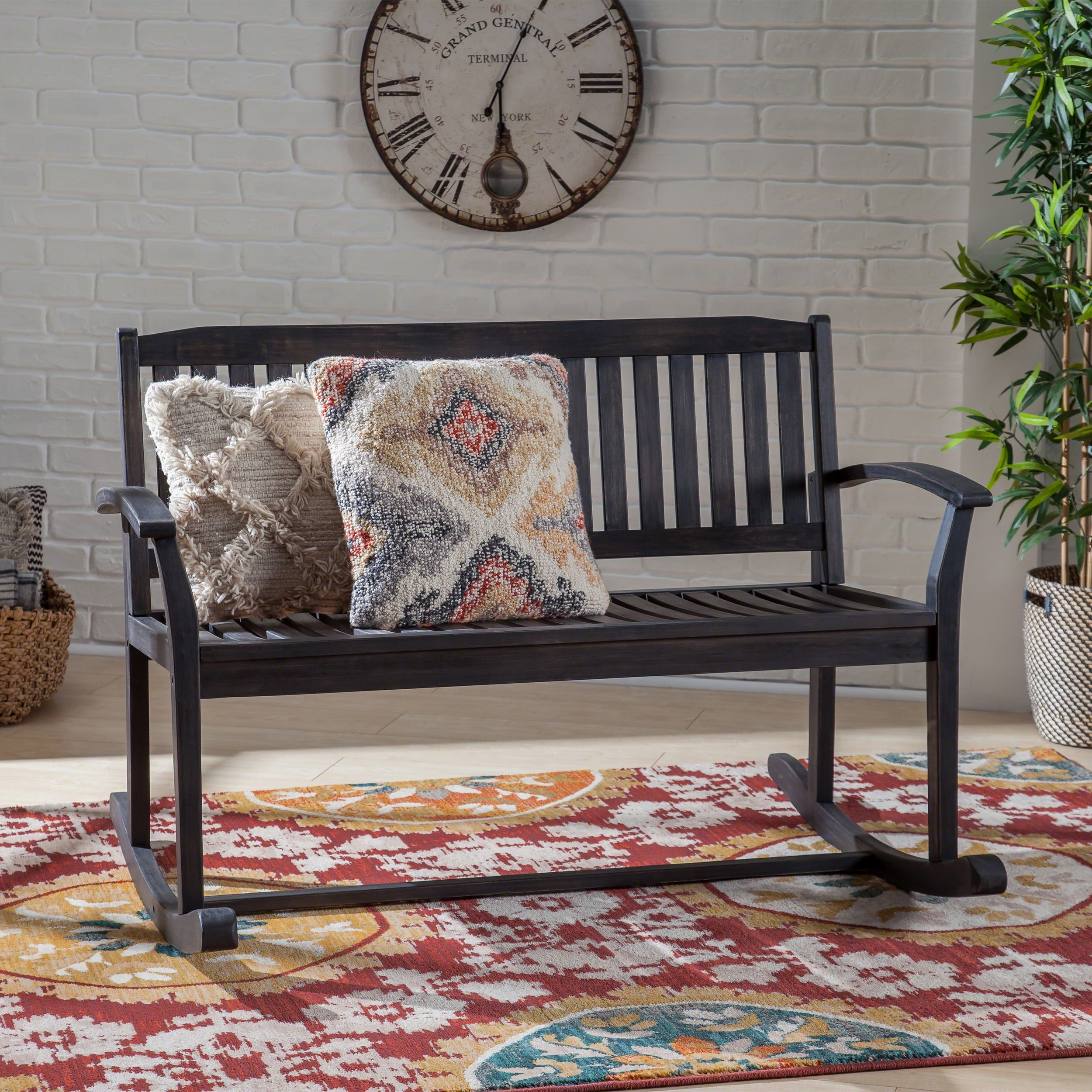 Outdoor Double Person Rocking Bench, Acacia Wood Frame Swing Loveseat for Patio Garden, Dark Gray