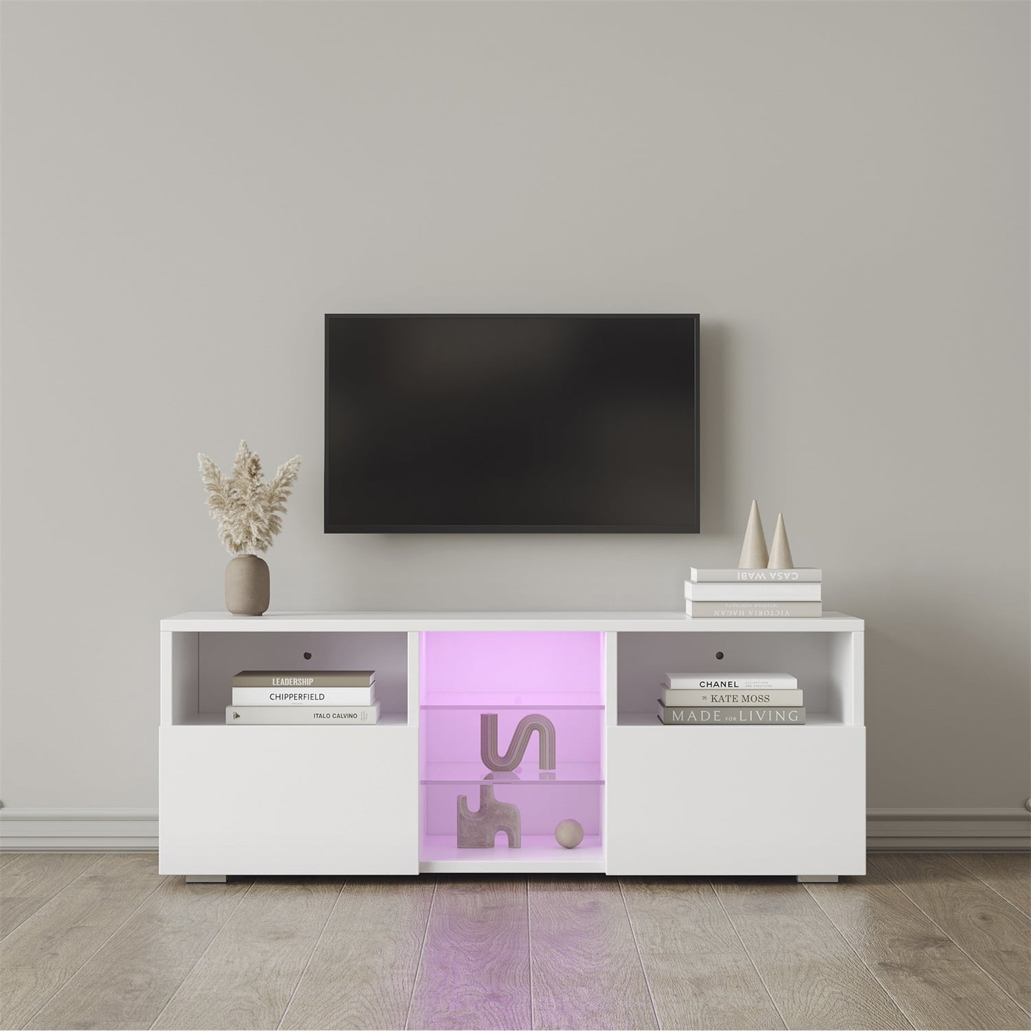 Kadyn Modern High-Gloss TV Cabinet, MDF Minimalist TV Cabinet with 20 colors LED Lights and 2 Drawers, Entertainment Center TV Console for TVs up to 55", White
