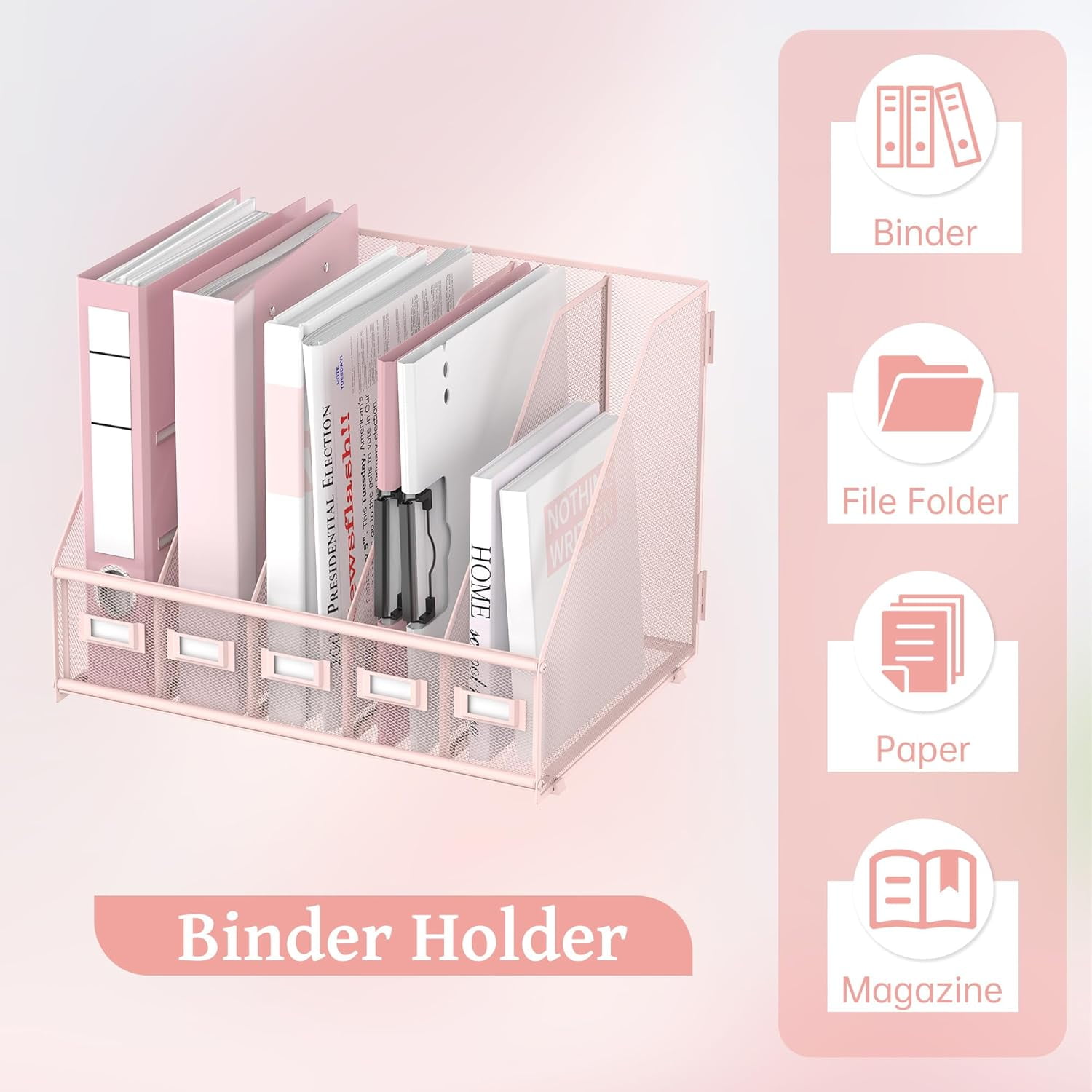 INTIGE Metal Mesh Desk File Organizer with 5 Vertical Compartments, Pink, Desk Organizer, Plus, Assemble
