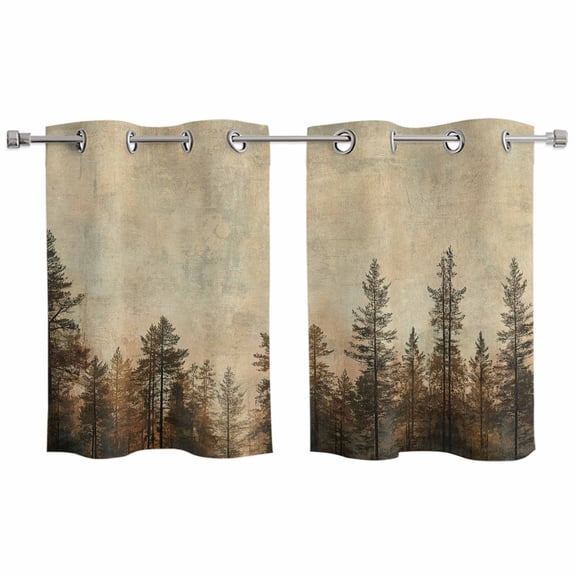 Brown Forest Kitchen Curtains Small Short 39 Inch Length, Vintage Tree Farmhouse Botanical Grommet Top Bedroom Living Room Curtains, Light Filtering Cafe Curtain Drapes 2 Panels Set 55''x39''