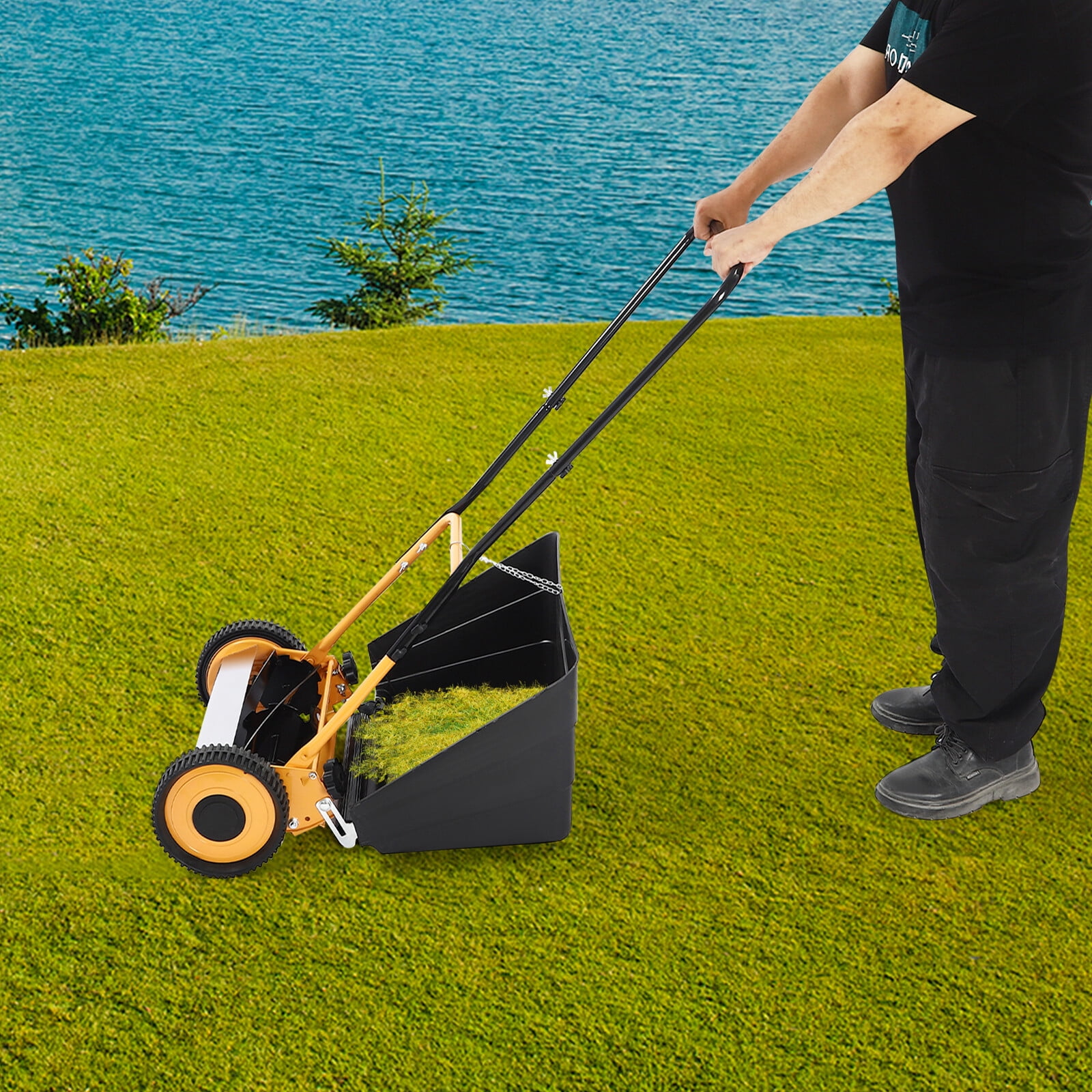 14" Hand Push Lawn Mower, Manual Wheeled Lawn Mower,2-in-1 Mow & Grass for Small Yard Garden