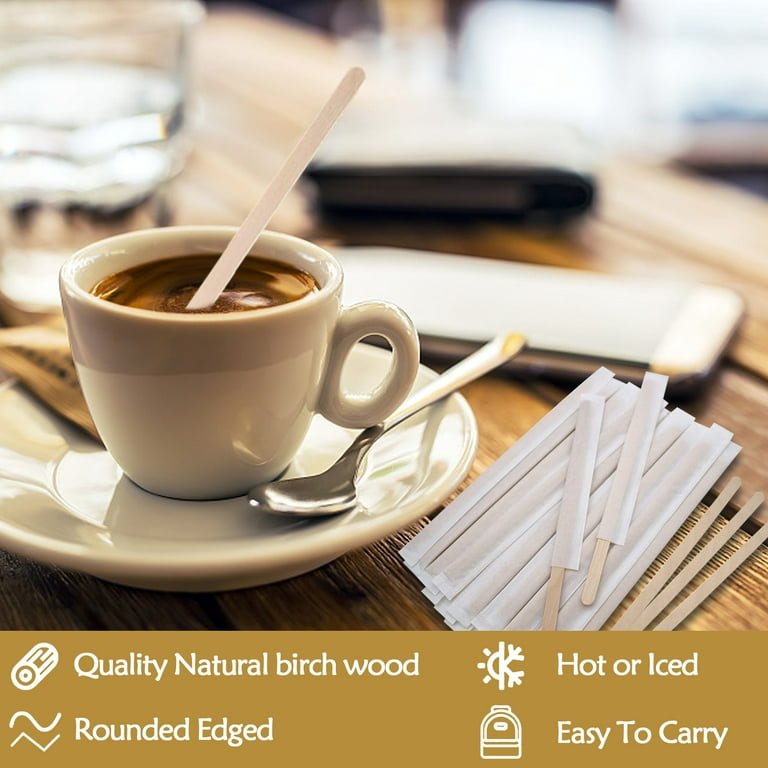 100Pcs Individually Wrapped Coffee Stirrers Wood - 14Cm Coffee