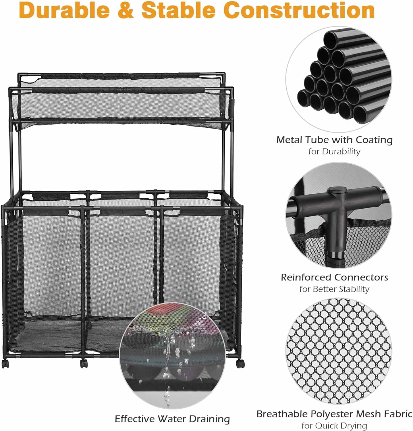 Mesh Pool Storage Organizer Bin Pool Noodles Holder Rolling Cart Double Decker with Metal Frame Noodle Rack, Extended Sturdy Connectors for Stability, XX-Large, 49" L x 30" W x 61" H, Black