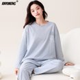 thumbnail image 4 of Pijamas de algodón para mujer, ropa de dormir de manga larga con cuello redondo, traje de Casa púrpura Simple, informal, HQ, Otoño e Invierno, 4 of 5
