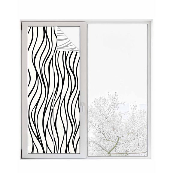 Window Privacy Film Beige Black Stripe Stained Glass Window Film Decorative Sun Block Window Cover Abstract Art Vertical Wave Lines Window Clings Static Adhesive Sticker for Bathroom 23.6"x59"