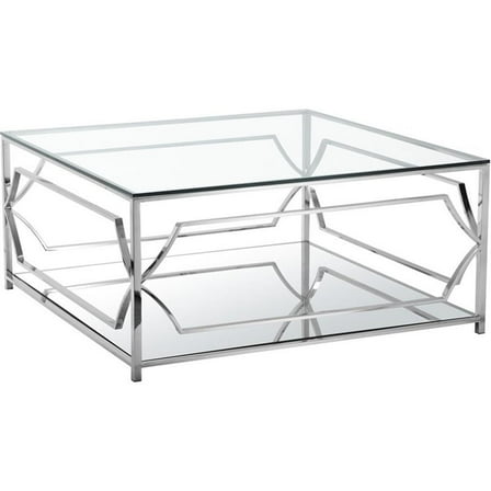 Pemberly Row Contemporary Metal Square Coffee Table with Glass in Silver