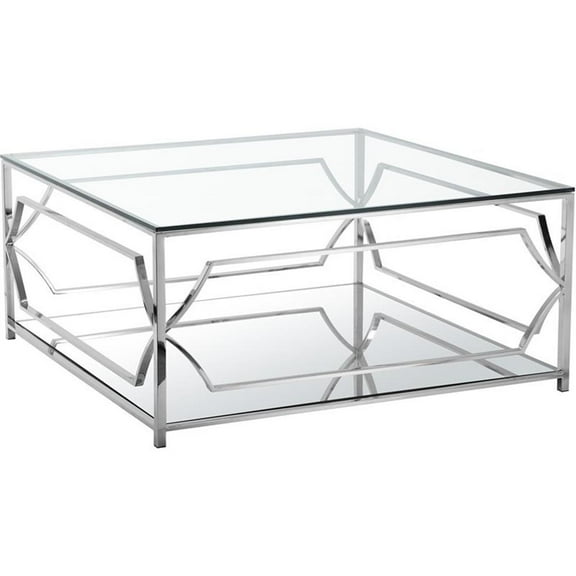 Pemberly Row Contemporary Metal Square Coffee Table with Glass in Silver