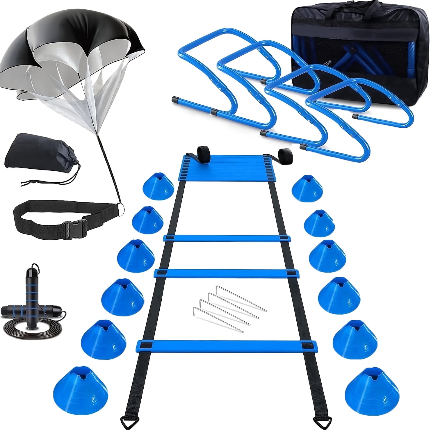 Agility Training Equipment, Football Training Equipment Includes 20FT Agility Ladder, 4 Adjustable Agility Hurdles, 12 Football Cones, Parachute, for Training Soccer Basketball Athletes