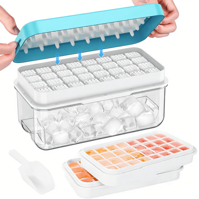 Bandejas para Hielo con Contenedor y Pala, Juego de 2 Moldes (64 Cubos), Sistema de Liberación Rápida, Libre de BPA para Congelador