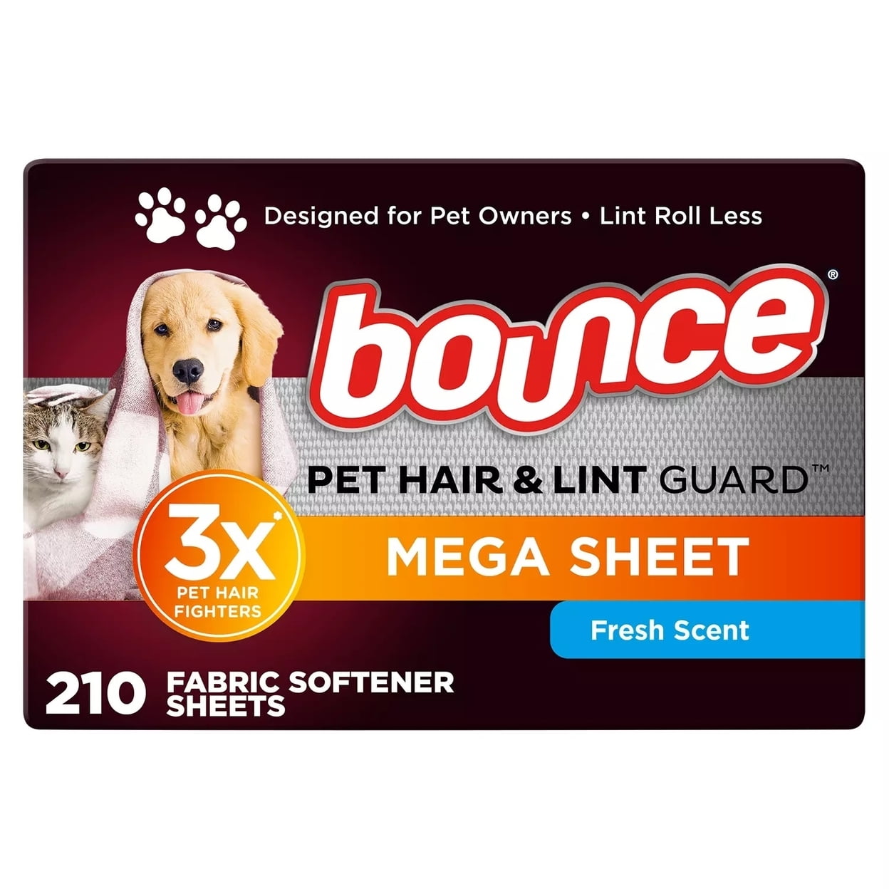 Bounce Pet Hair & Lint Guard Mega Dryer Sheets, Fresh Scent, 210 Count