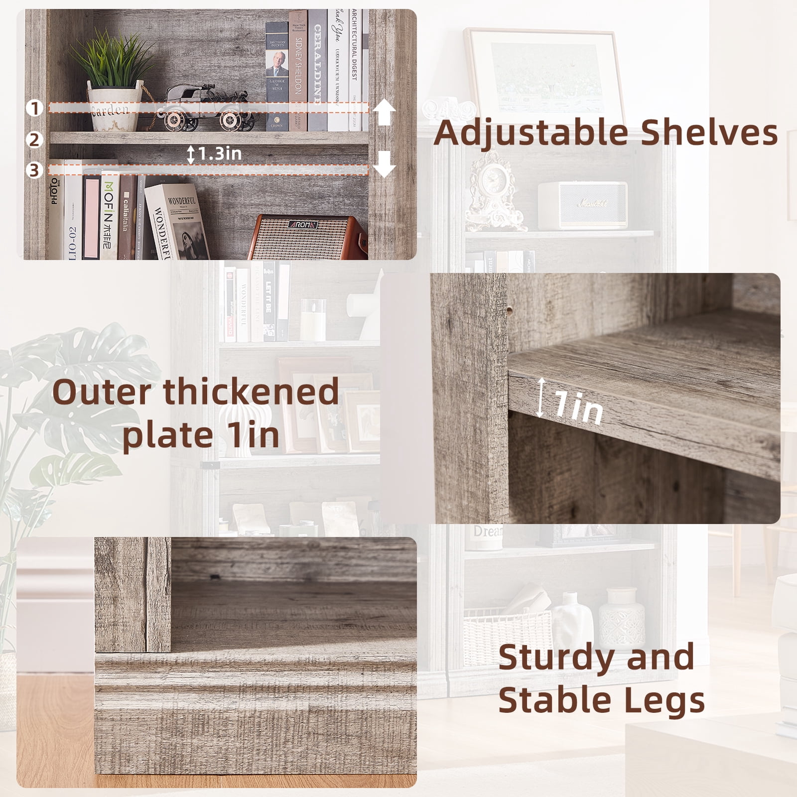 Buildhom 2pc 70" Tall Farmhouse Bookshelf, 5-Tier Solid Wood Bookcase with Adjustable Shelves for Living Room & Office, Grey