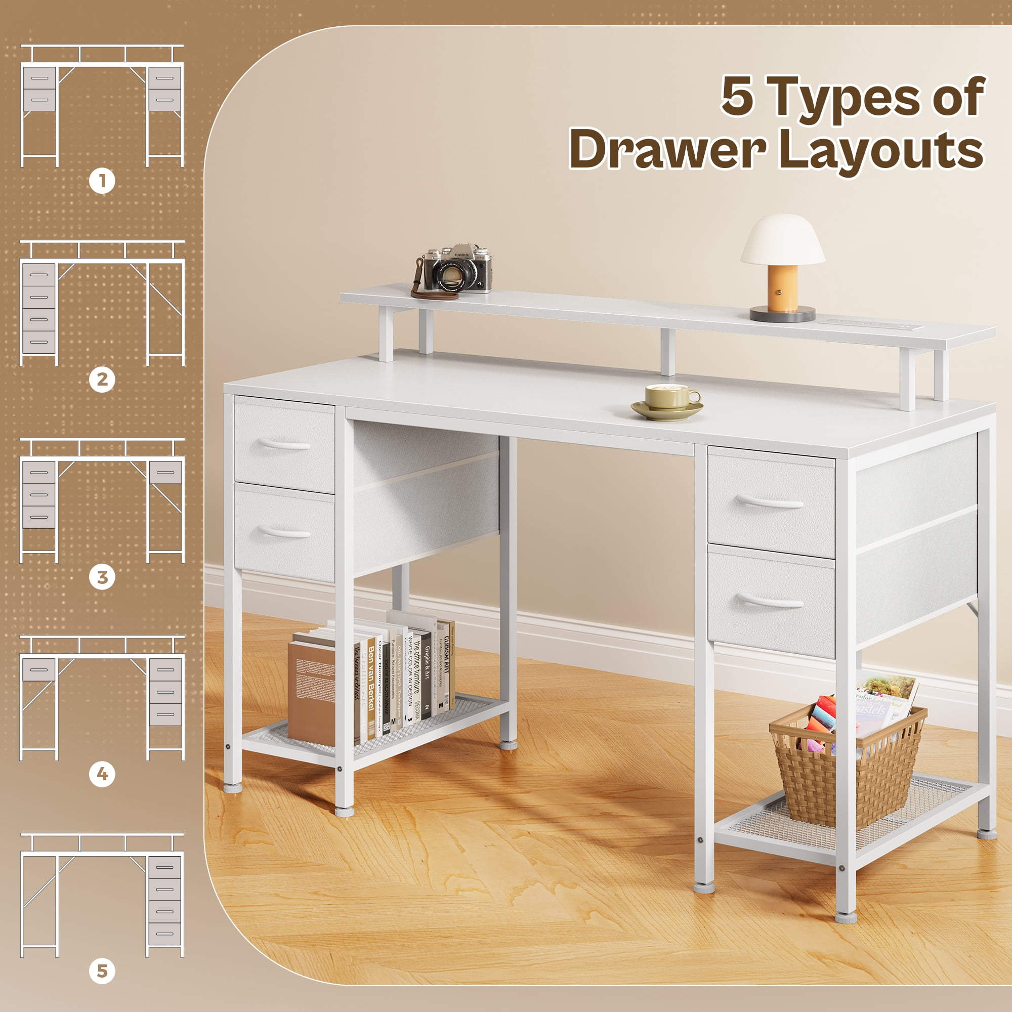 Amadwell 47" Gaming Computer Desk with LED Lights, Power Outlets, Home Office Writing Desk with 4 Drawers, White