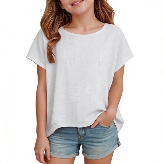 Otqutp Teen Girls Cotton Linen Tee Crew Neck Loose Fit Short Sleeve T-Shirt Casual Soft Summer Kids Blouse Tops 2-16 Years