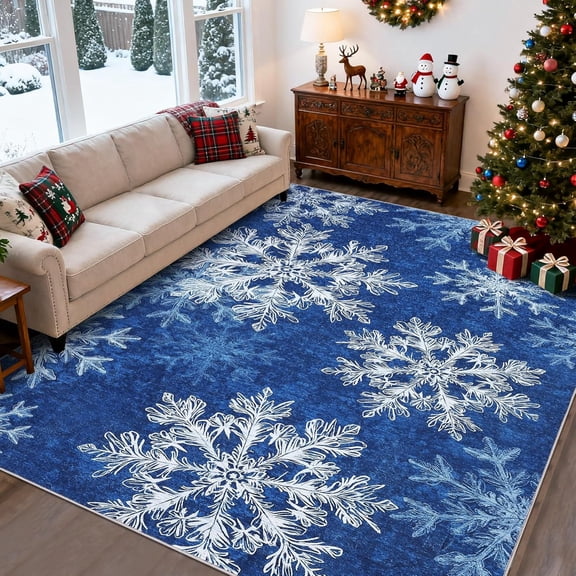 Memoryfield Christmas Area Rug 5' x 7' Washable with Non Slip TPR Backing, Low Pile Christmas Snowflakes Winter Rugs, Xmas Decoration Carpets for Nursery Bedroom Dining Room, Blue