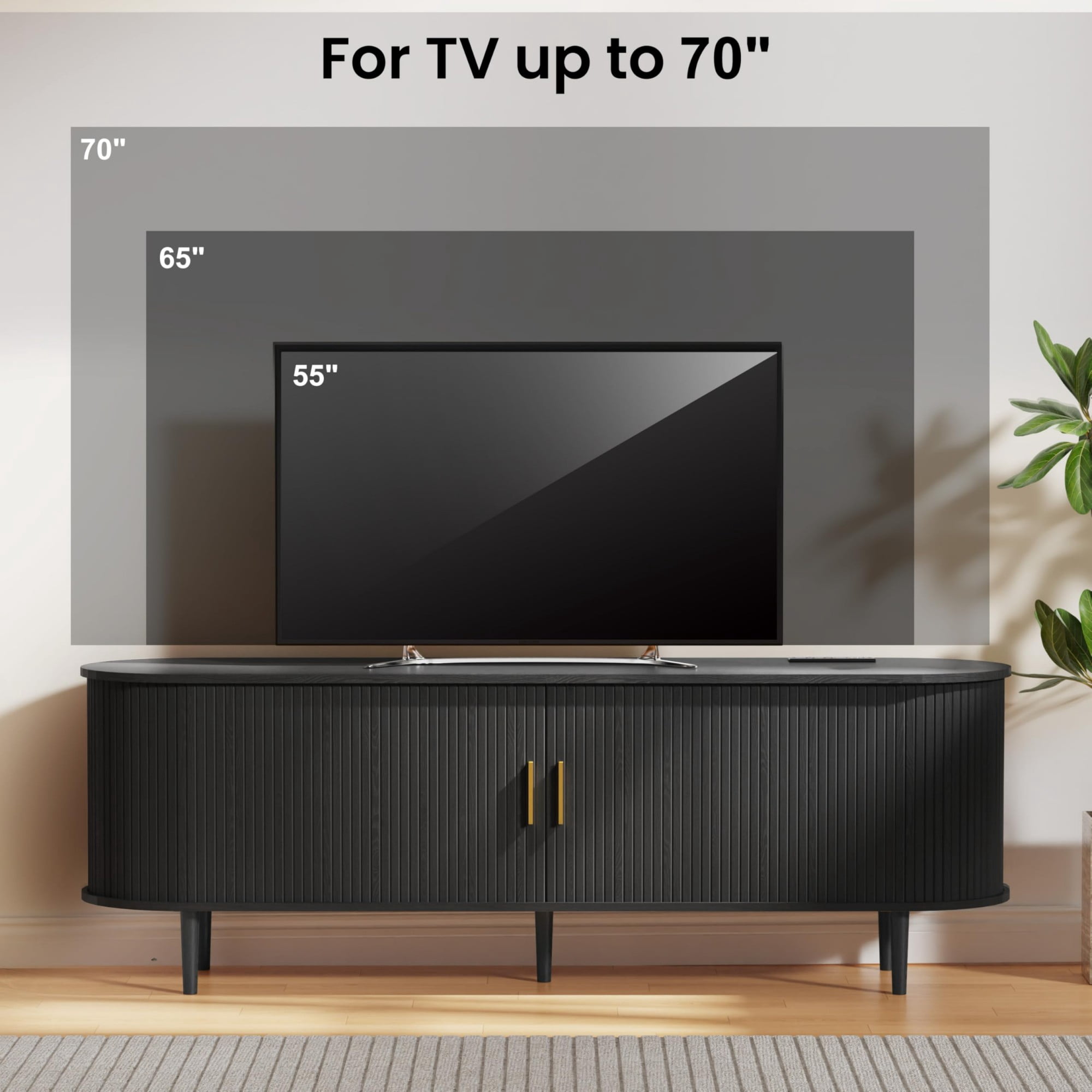 63 Inch Mid Century Modern TV Stand with Power Outlet, Fluted Media Console with Sliding Doors for TVs up to 70 Inch, Black