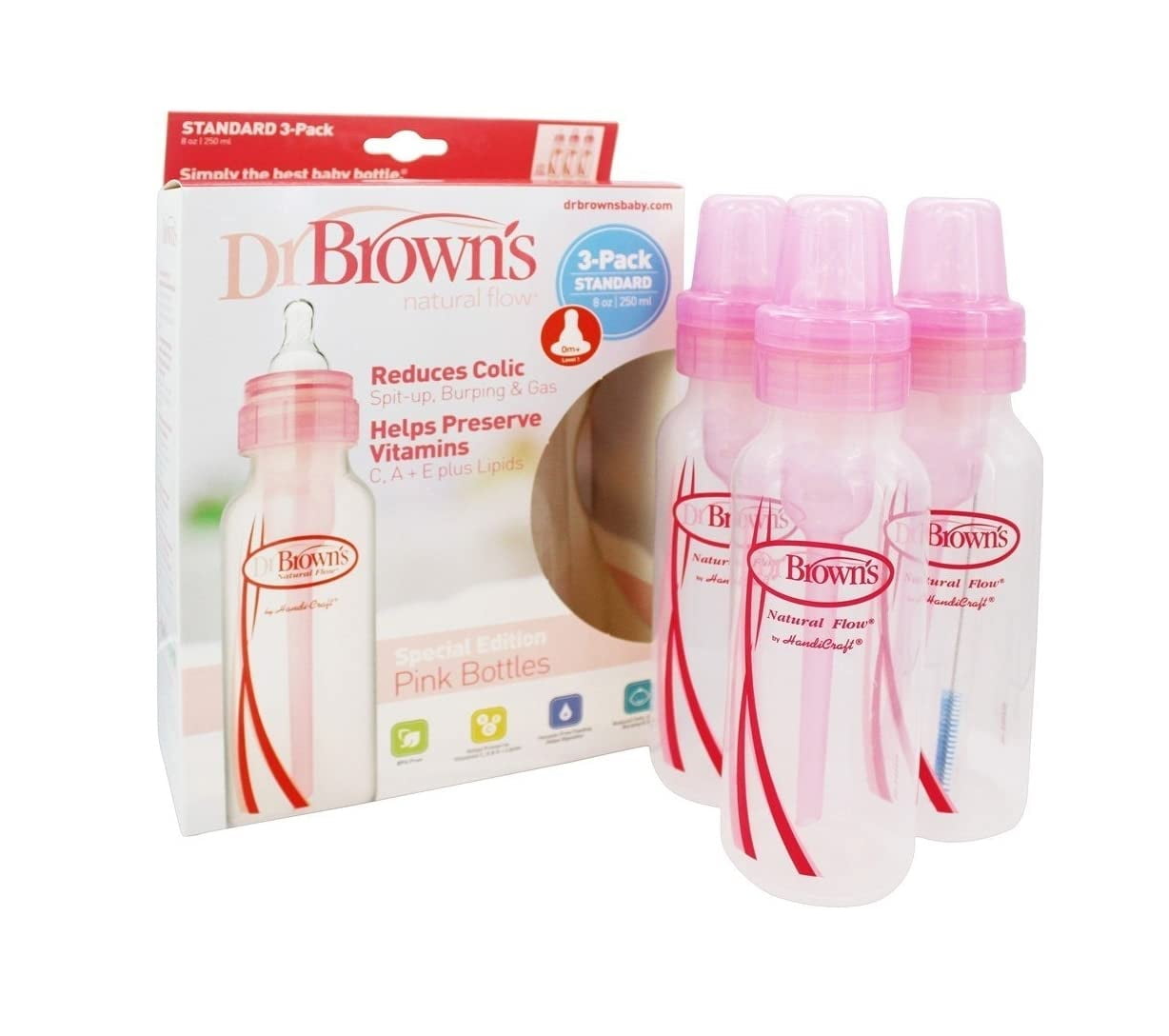 Dr. Brown's Natural Flow, Reduces Colic, Spit Up, Burping and Gas, Baby Bottles, Pink, 8 oz