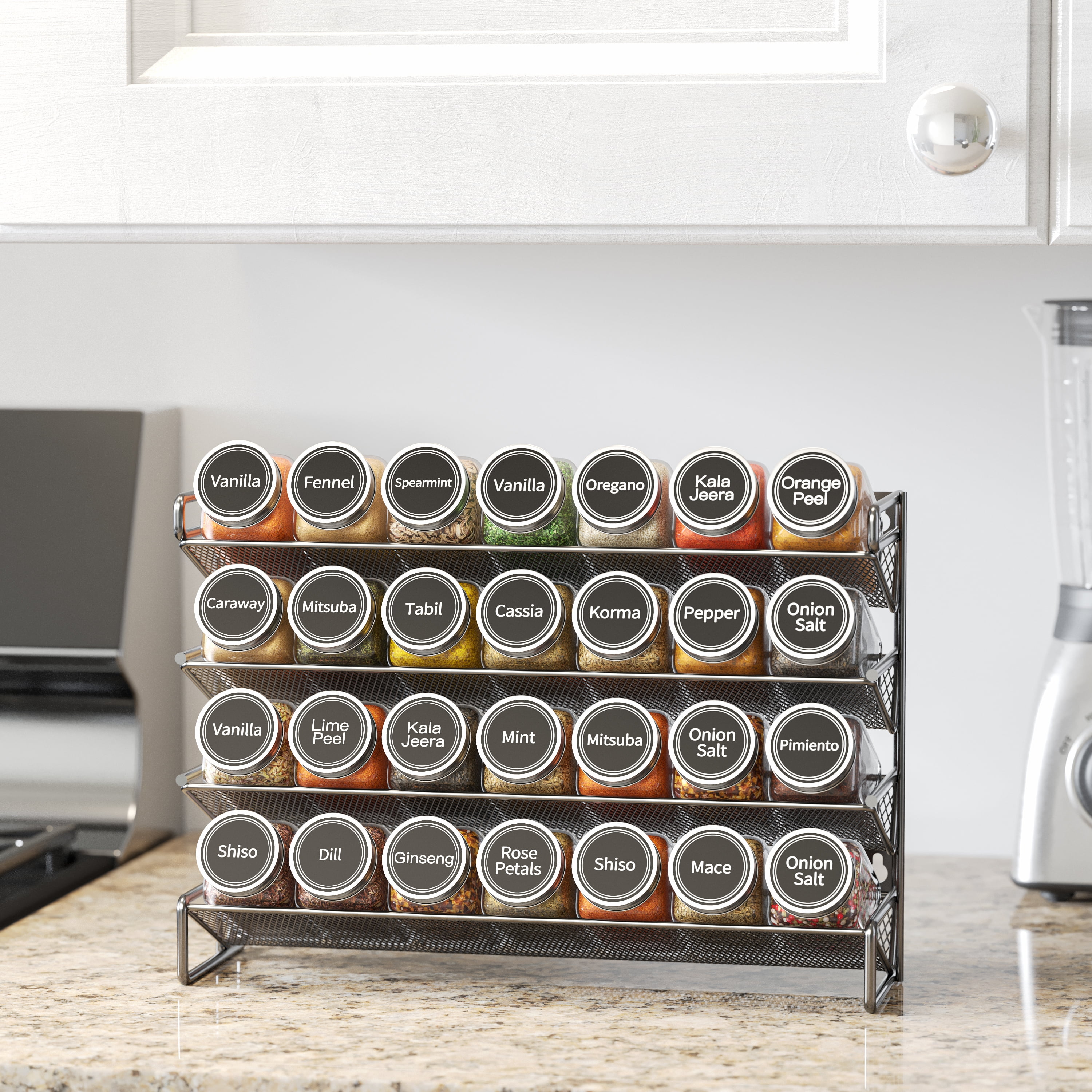 SpaceAid Spice Rack Organizer with 28 Jars, 4.33"D x 13.33"W x 10.5"H, Black