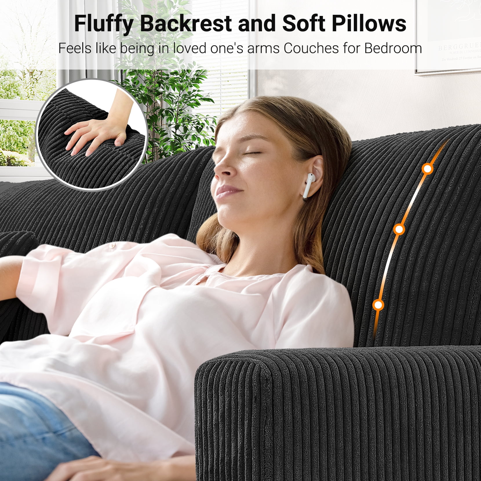 87" Corduroy Sofa,3 Seater Sofa with Extra Deep Seats,Neche Comfy Upholstered Couch for Living Room,2 Pillows,Black