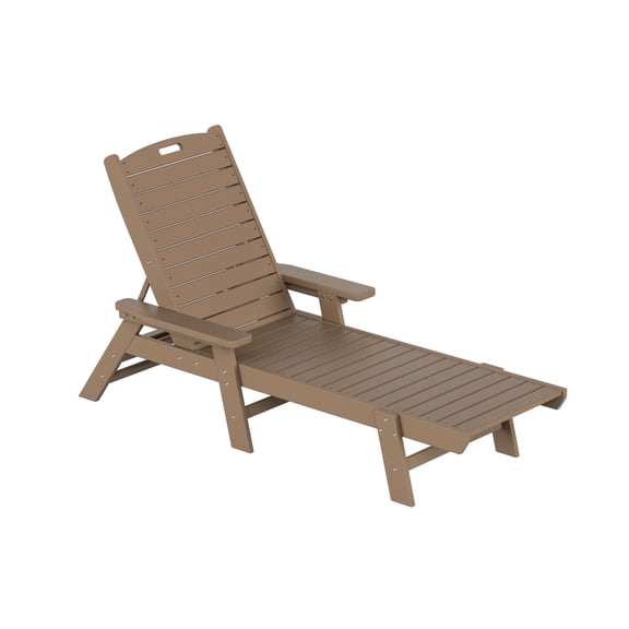 FADINGFREE Outdoor Patio Chaise Lounge Chair with Armrest & Adjustable Backrest, All-Weather HDPE Chaise Lounger, Weatherwood