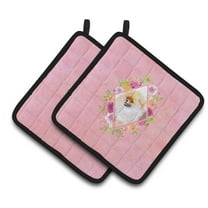 Carolines Treasures CK4170PTHD Pomeranian 2 Pink Flowers Pair of Pot Holders 7.5HX7.5W multicolor