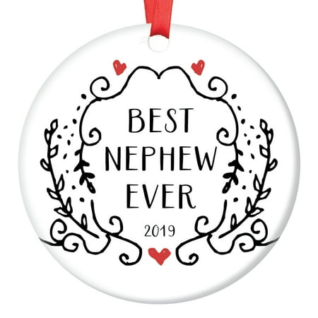 Best Nephew Ever Ornament 2019 Christmas Gift from Aunt Uncle Birthday Graduation Baptism Present Special Dated Keepsake Antique Hand Drawn Black & White Design 3