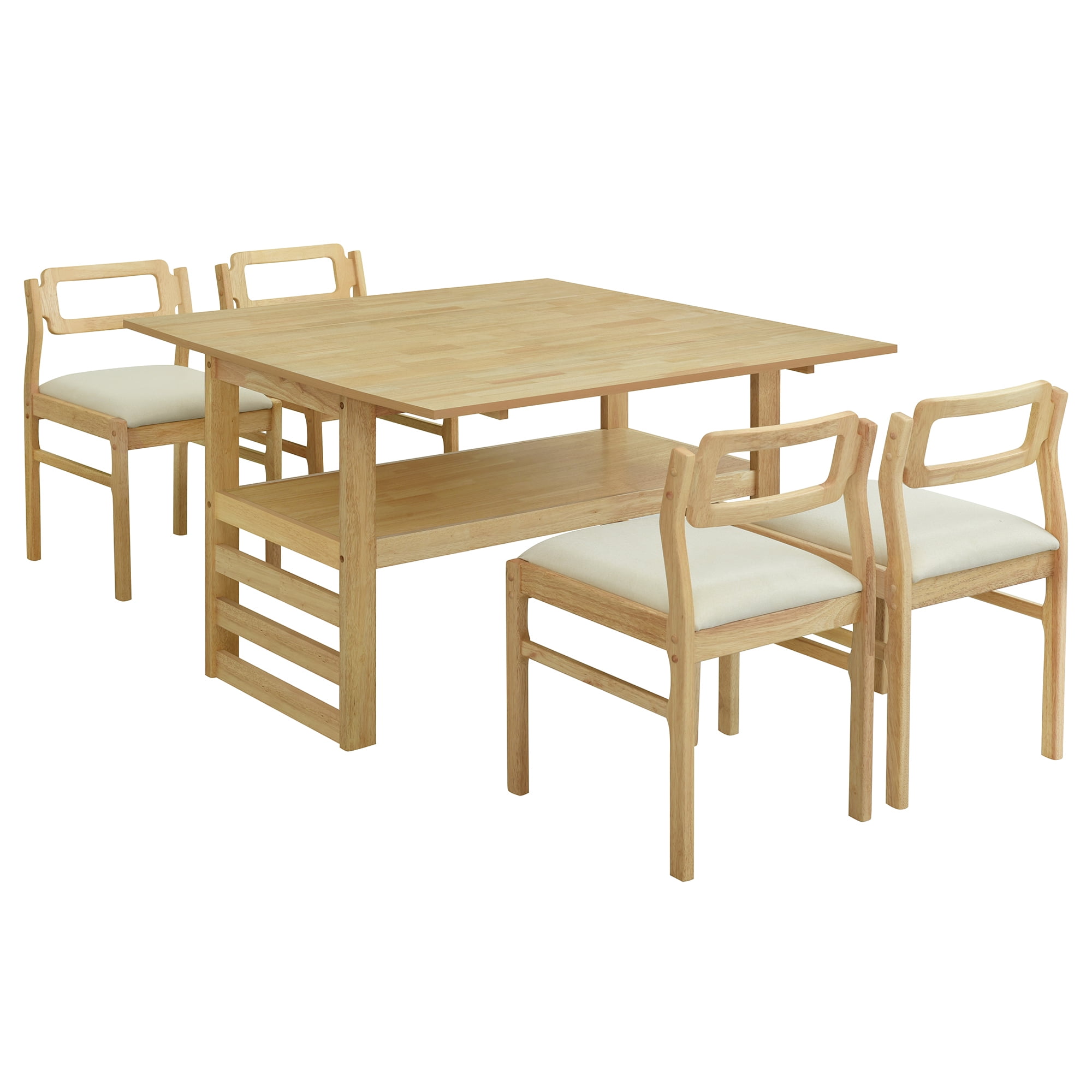EUROCO Extendable Dining Table Set for 4, 5-Piece 47.2" Solid Wood Foldable Table with 2 11.8" Drop Leaves,Storage Shelf and 4 Upholstered Chairs, Square Kitchen Table Set for Small Space,Natural
