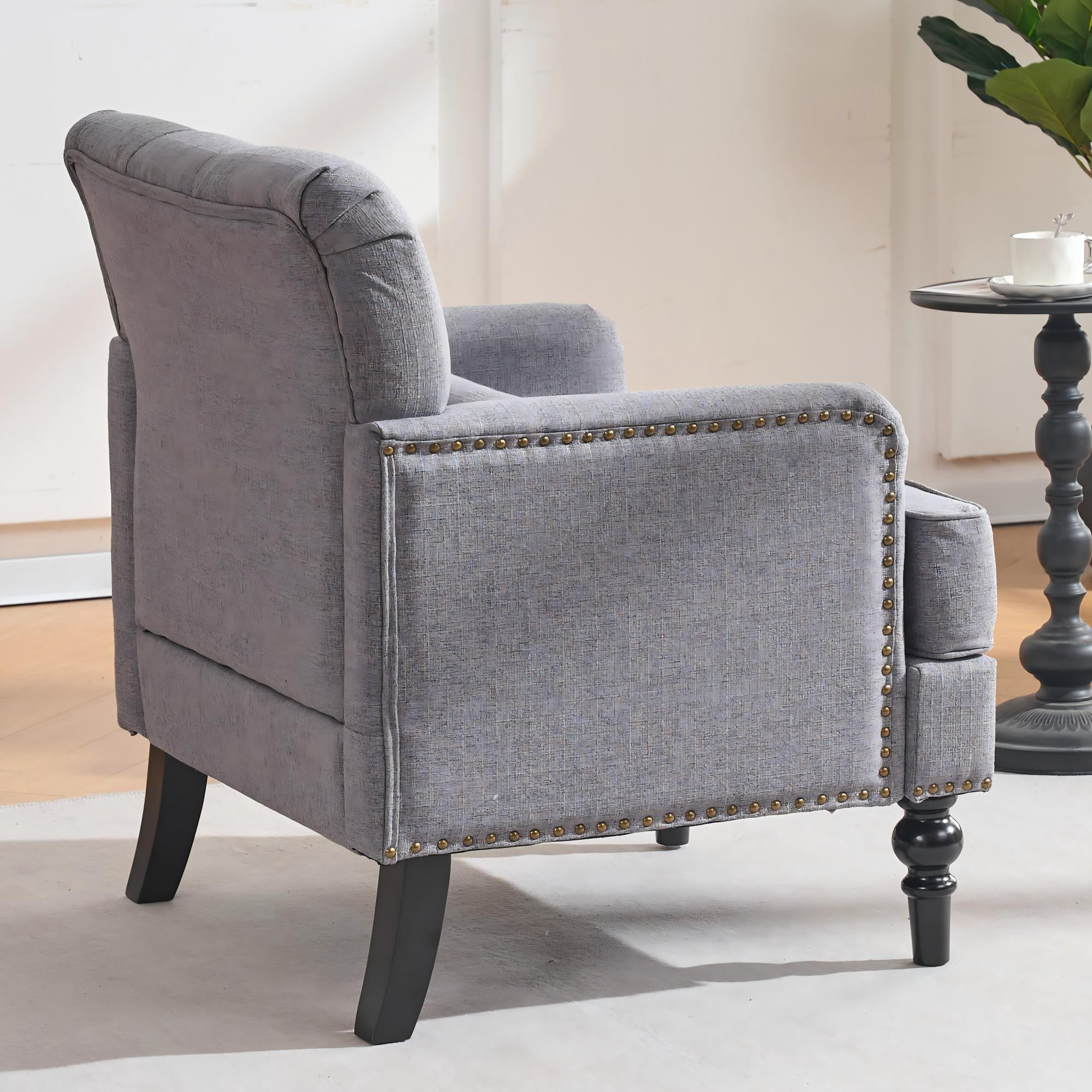 Aukfa Tufted Accent Chair, Mid Century Modern Linen Armchair with Nailhead Trim & Rubber Wood Legs for Small Spaces,Gray