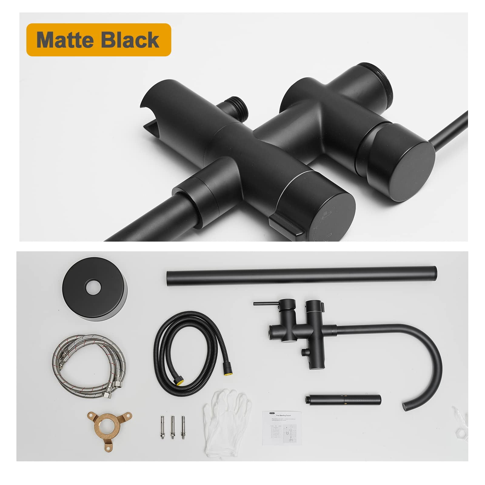 Freestanding Bathtub Faucet Matte Black Brass Floor Mount with 2-Function Hand Shower