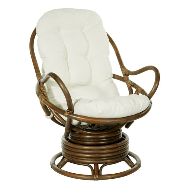 Kauai Rattan Swivel Rocker Chair in Linen Beige Fabric and Brown Ratan Frame