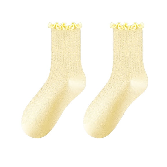 Namzi 5 Pairs Pile of socks in summer, mesh breathable, lightweight, boneless, ear edge, loose candy color, medium tube simple socks,Light Yellow