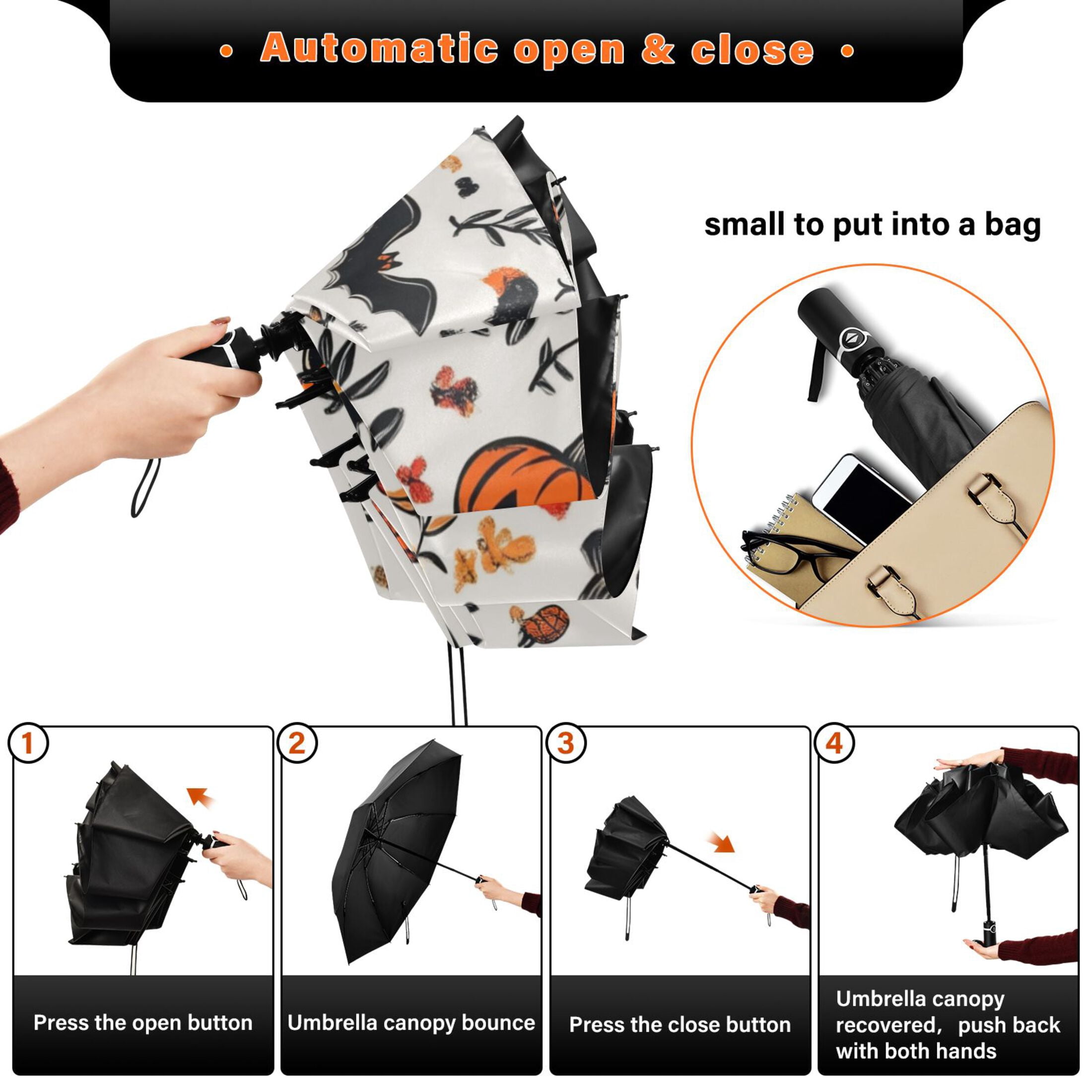 Halloween Themed Elements Extra Large Automatic Umbrella, UV Protection, Waterproof, Auto Open and Close