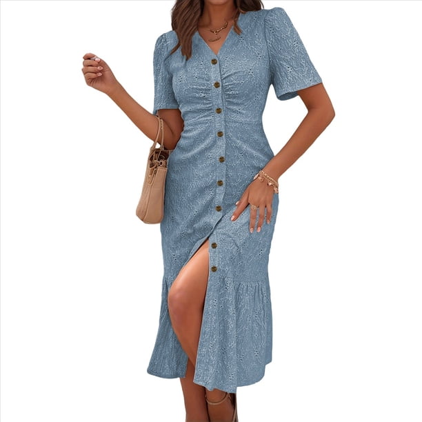 Vestido Veraniego Informal de Corta con Cuello en V para Mujer, con Botones y Estampado Floral, y Bolsillos Azul XXL