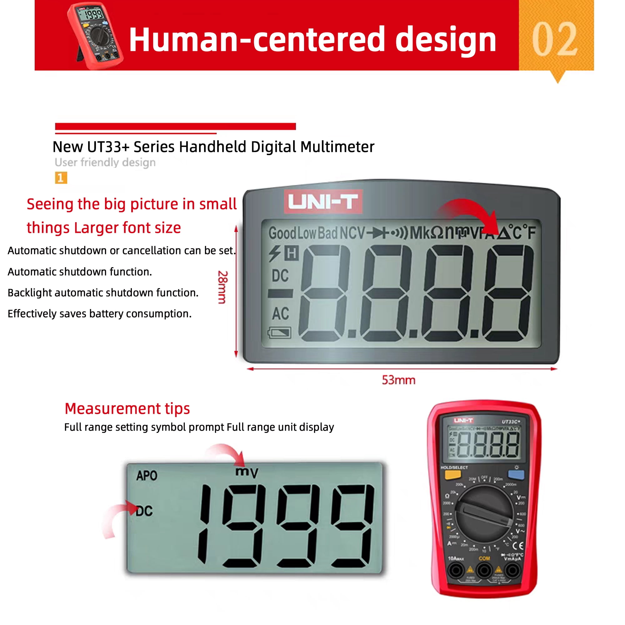 UNI-T UT33B+ LCD Digital Multimeter Battery Test Manual Range DC/AC Voltage DC Current Meter Resistance Tester Voltmeter Ammeter for Home Repairs