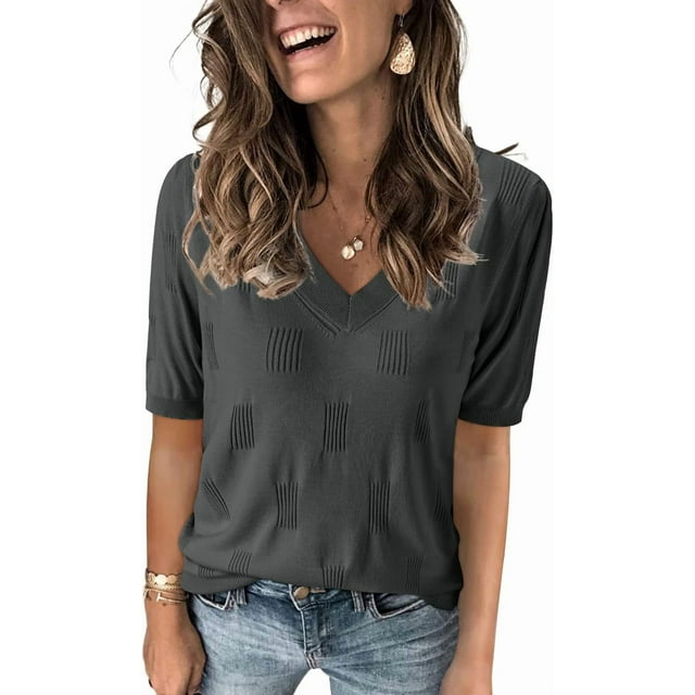 Arach&Cloz Women's V-Neck Short Sleeve Special Rib Knitted Pattern Casual Tops Sweater Spring Summer 2025